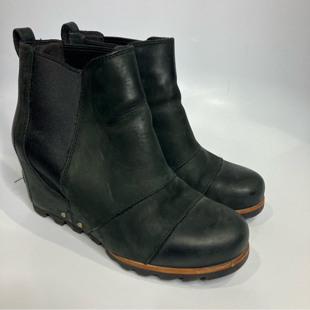 Sorel Black Leather Ankle Wedge Boot - Picture 2 of 9